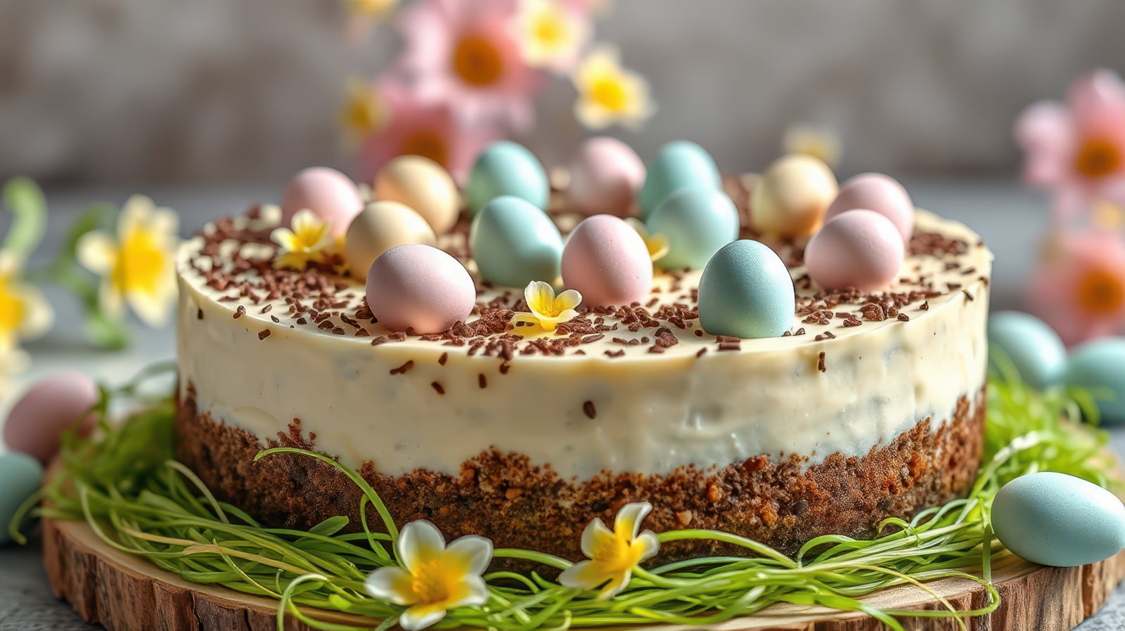 Delightful spring dessert topped with pastel eggs and flowers, perfect for celebration